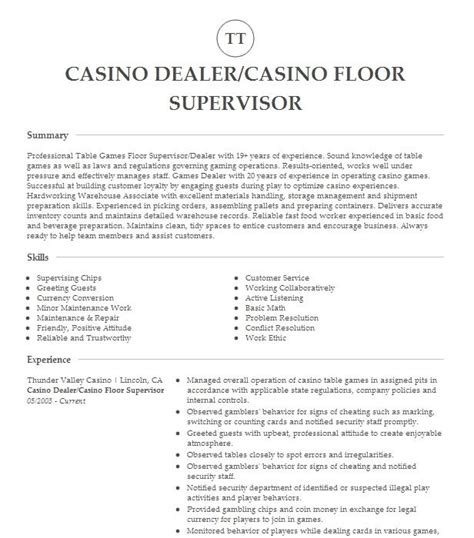 casino table games supervisor resume.